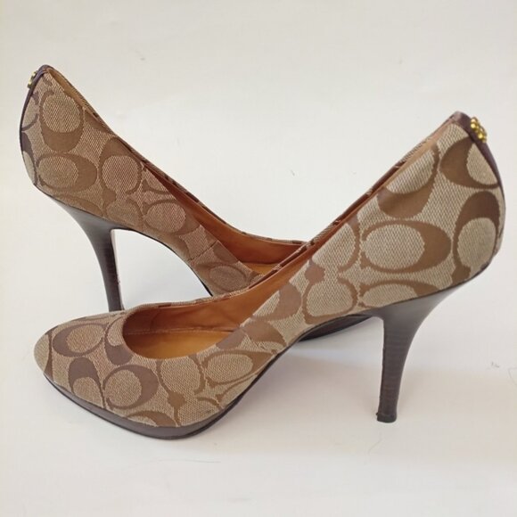 Coach Monogram Signature Pattern Brown High Heels Women's Size 10B - Picture 1 of 15